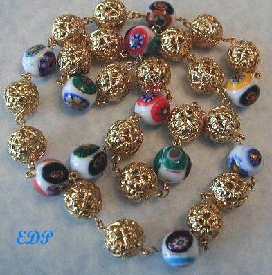 Filigree Balls and Murano Glass Millefiori Necklace