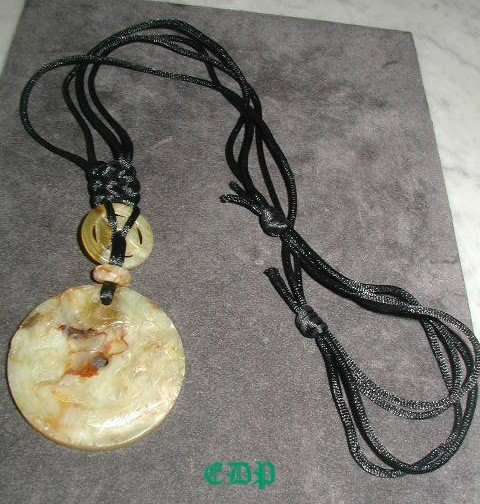 Carved JADE Necklace Ornate Black Silk Cord 3 Pc