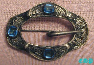 1920-30s Brass Buckle Scarf Sash Pin Brooch Blue Stones