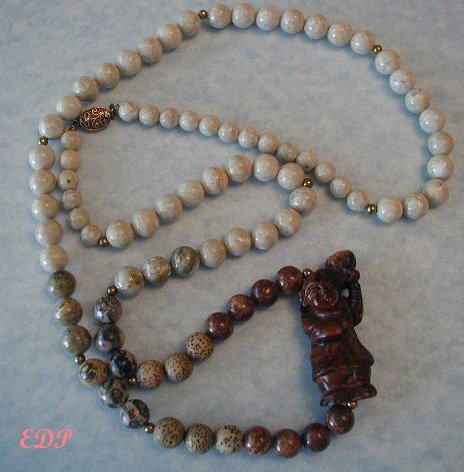 Jasper Oriental Figural Necklace Sterling Floral Clasp