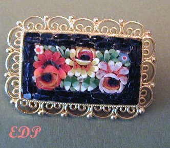 Micro Mosaic Floral Pin Brooch Italy Flowers Filigree