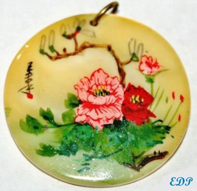 Oriental Mother of Pearl Hand Painted Pendant Signed