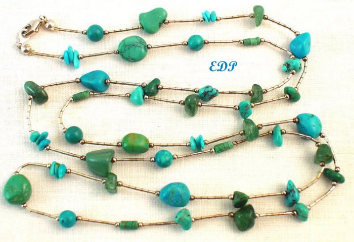 Native American Liquid Silver Turquoise Necklace 36"
