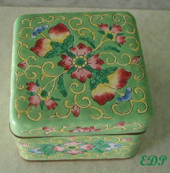 Green Champleve Enamel Oriental Box Asian Hand Painted