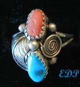 Native American Sterling Coral Turquoise Ring Sz 8