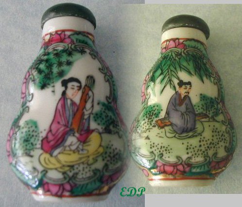 Famille Rose Chinese Snuff Bottle Lady Man Music Jade