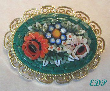 Micro MOSAIC Floral Pin Brooch Italy Flowers Filigree