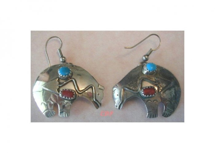 Native American Zuni Navajo Bear Fetish Earrings Gemstones