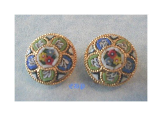 Antique Micro Mosaic Pastel Colors Clip Earrings Italy