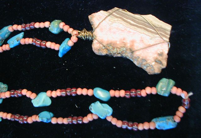 Native American Turquoise Coral Banded Agate Necklace