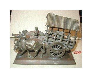 Asian Bronze Oxen Cart Temple Toy Tibet Buddhist Wagon