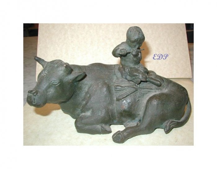 Asian Bronze Ox and Boy with Flute INKWELL Temple Toy