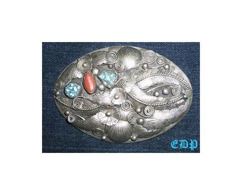 Native American Sterling Coral Turquoise Belt Buckle