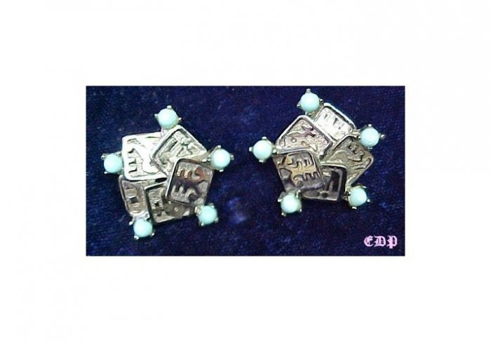 Boucher Oriental Asian Character Clip Earrings w Stones