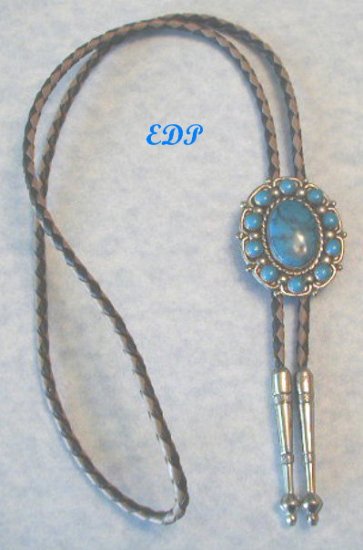 Bolo Tie Leather Silver Turquoise Native American
