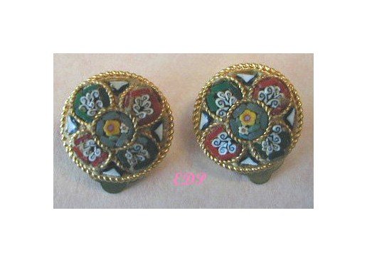 Micro Mosaic Clip Earrings Italy Florals Flowers