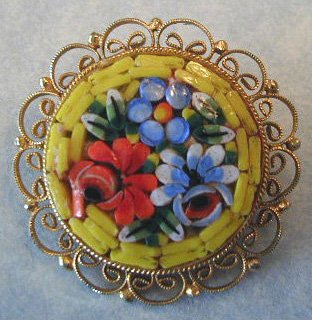 Micro Mosaic Floral Pin Brooch Italy Flowers Filigree