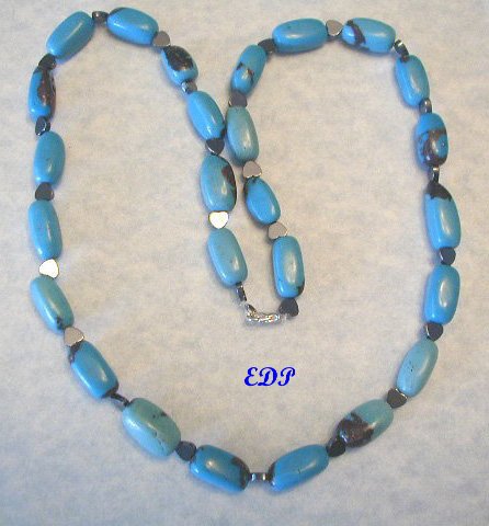 24" Turquoise and Hematite Hearts Necklace Heart LARGE