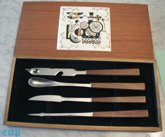 Vintage Barware Bar Tools w Tile Cutting Board Box Set