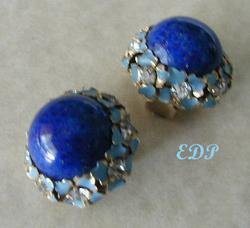 KAFIN of NY Lapis Enamel Rhinestone Clip Earrings