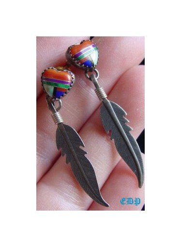 Native American Sterling Gem Heart Feather Earrings