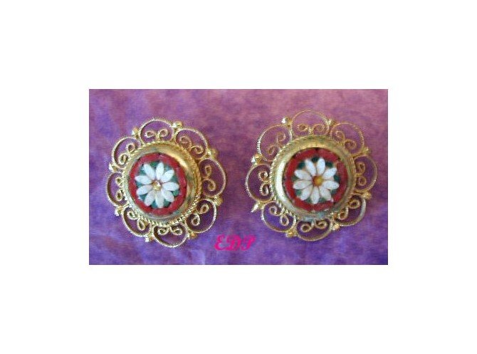 Antique Micro Mosaic Daisy Clip Earrings Forget-me-not