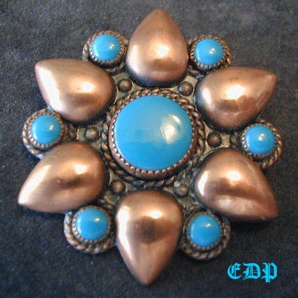 Native American Copper Turquoise Star Brooch Pin Signed