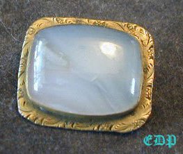 Victorian Opal or Milky Quartz Brass Pin Etched Brooch