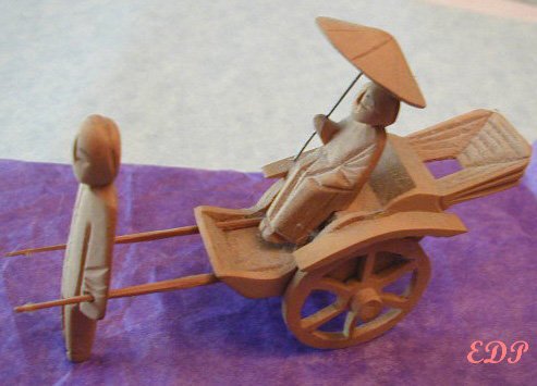 Old Handmade Carved Wood Rickshaw Coolie Umbrella Lady