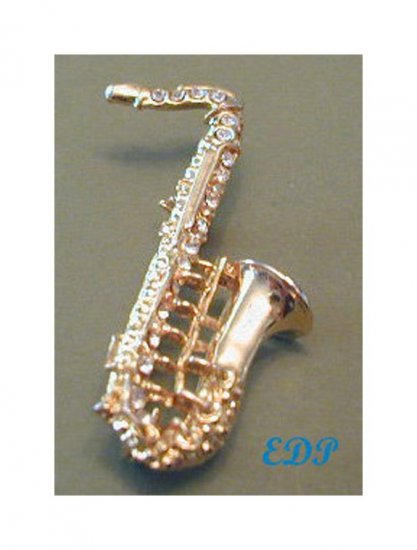Gold Tone Metal Jeweled Rhinestone Saxophone Pin Brooch