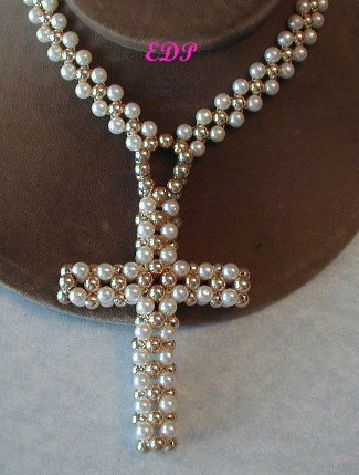 24" Handmade Cross Necklace Faux Pearl Pearls Large