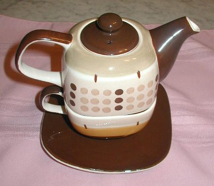4 Pc Pottery Stacking TEA Set Handpainted Browns Hues