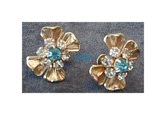 Aqua and Clear Rhinestone Screwback Earrings Bling
