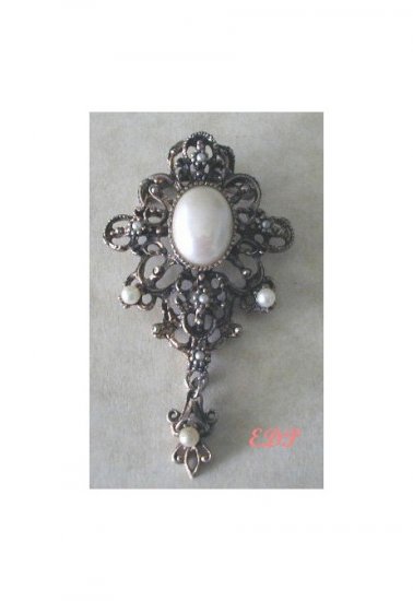 Large Faux Pearl Dangle Brooch Pin Filigree