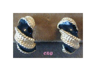 Gay Boyer Black Enamel Twisted Gold Clip Earrings