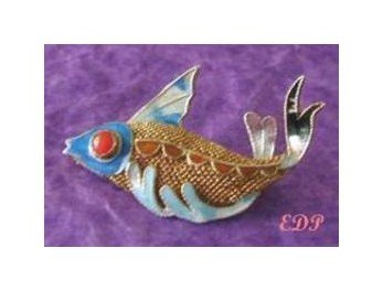 Asian Oriental Koi FISH Brooch Pin Sterling Filigree Enamel