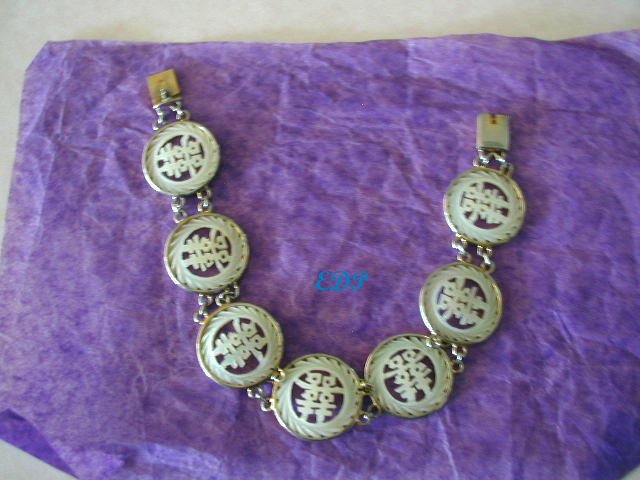 Oriental Mother Of Pearl Disk Bracelet Writing Characters Chinese