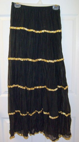 CRESSONG Long Black Crinkle Boho Skirt Junior Small 3/4