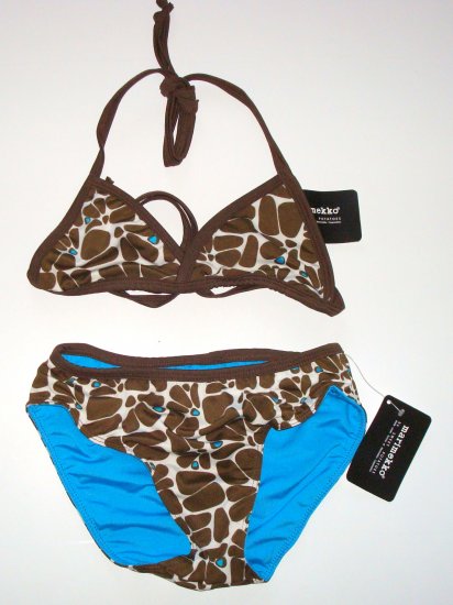 MARIMEKKO by SWEET POTATOES Reversible Brown/Turquoise Halter Bikini Girls 8~10
