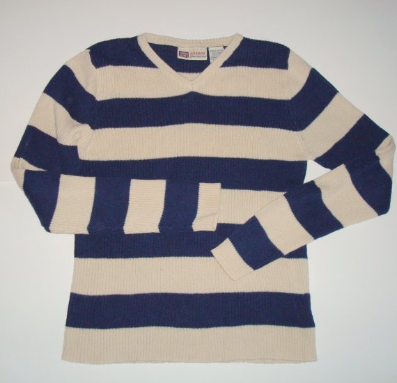 FADED GLORY Navy/Beige Stripe Ribbed V-Neck Sweater Girls 10/12