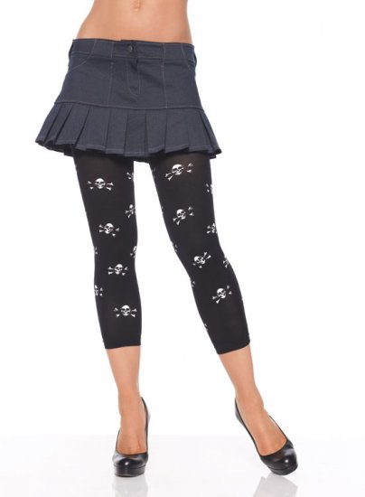 Leg Avenue Opaque Footless Tights w/ Skull Prints Black