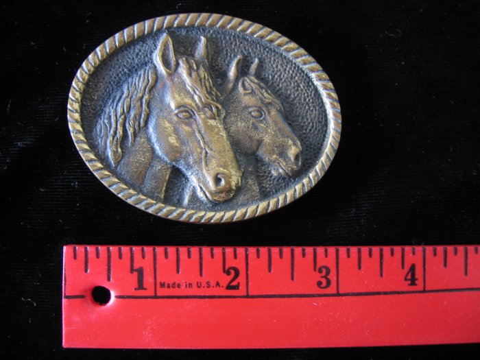 Vintage BTS Antique Brass 2 Horse Heads Belt Buckle