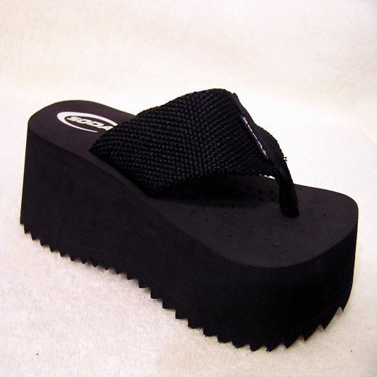 COMFY FABRIC WEBBING THONG FLIP FLOP WEDGE SANDALS BY SODA BLACK WOMEN SIZE 6 SASSY DIVA SHOES