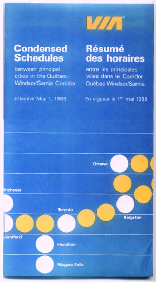 VIA CANADIAN RAILWAYS - 1988 CONDENSED SCHEDULE TIMETABLE