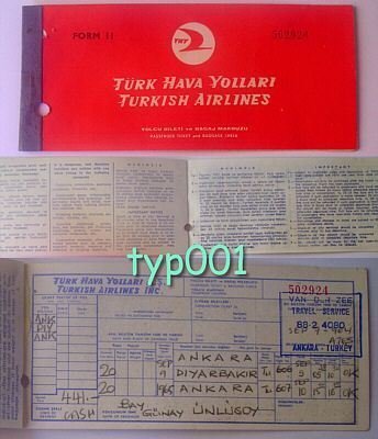 TURKISH AIRLINES - 1963 ANKARA-DIYARBAKIR-ANKARA RETURN TICKET
