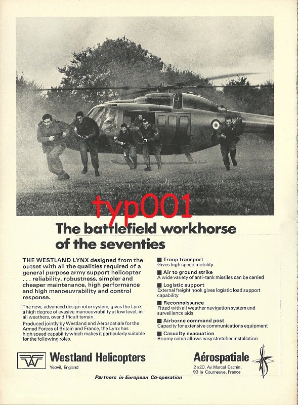 AEROSPATIALE & WESTLAND 1972 HELICOPTER BATTLEFIELD WORKHORSE PRINT AD