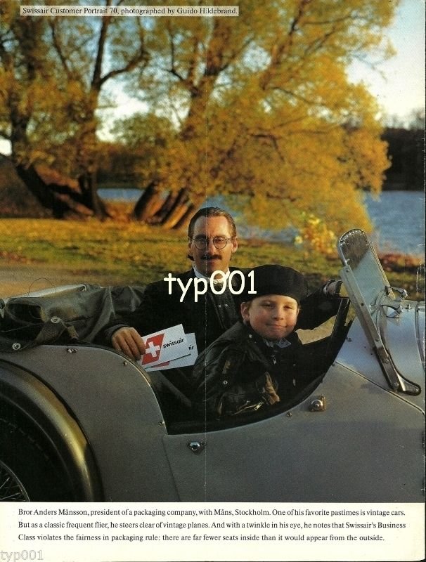 SWISSAIR - 1990 - CUSTOMER PORTRAIT 70 - BROR & VINTAGE CARS PRINT AD