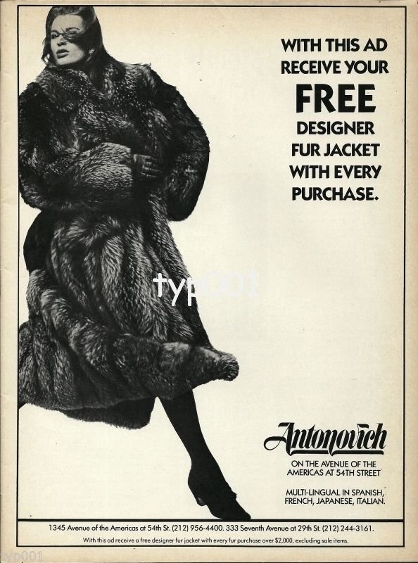 ANTONOVICH FURS - 1988 - FREE FUR JACKET - LADY IN FUR COAT PRINT AD