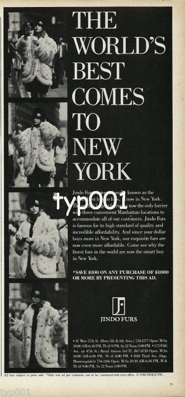 JINDO FURS - 1988 - THE WORLD'S BEST COMES TO NEW YORK PRINT AD