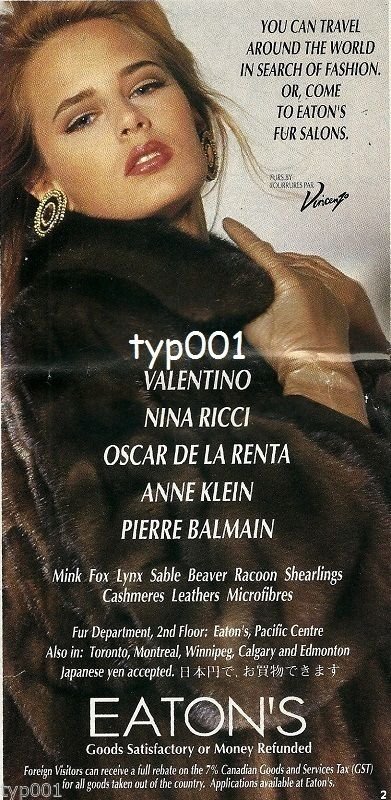 EATON'S FURS - 1996 - FURS BY VINCENZO LADY IN FUR COAT PRINT AD